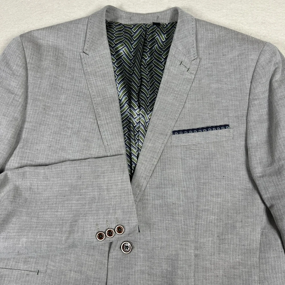 Ted Baker Herringbone Blazer Mens 6 44L Sport Coat Tall Fit Gray Linen Cotton - Picture 2 of 14